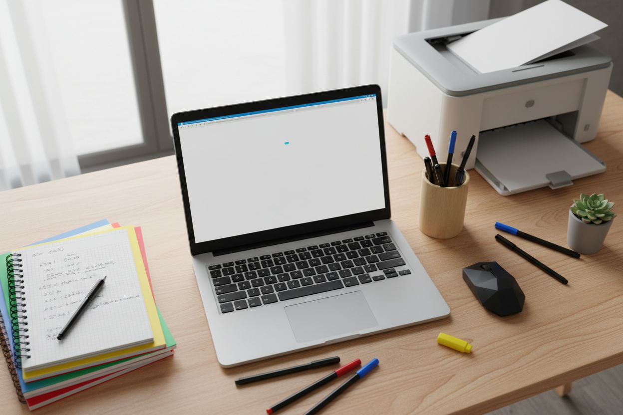 Quiero un banner que sea un escritorio visto desde arriba, que sea realista, donde halla una laptop, cuadernos de estudiante, una impresora y un lapicero con algunas plumas tiradas